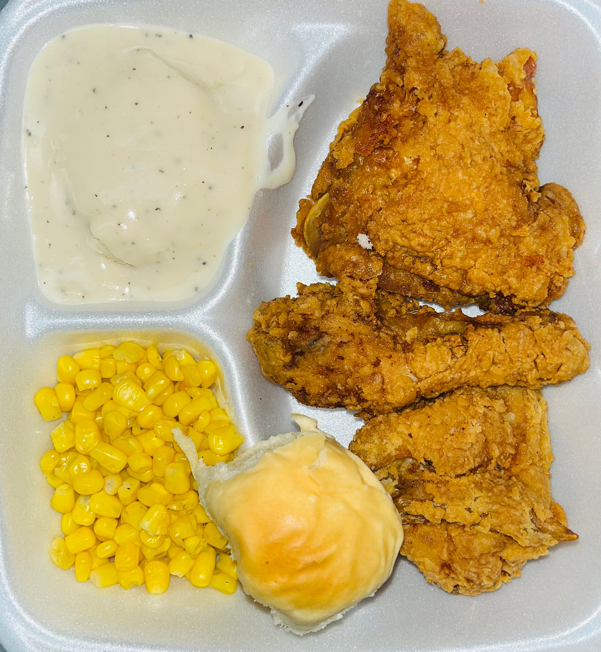 Chicken Thigh, leg, & Wing w/ Mashed Potatoes & Gravy, & a veg. (Corn or Green Beans)
