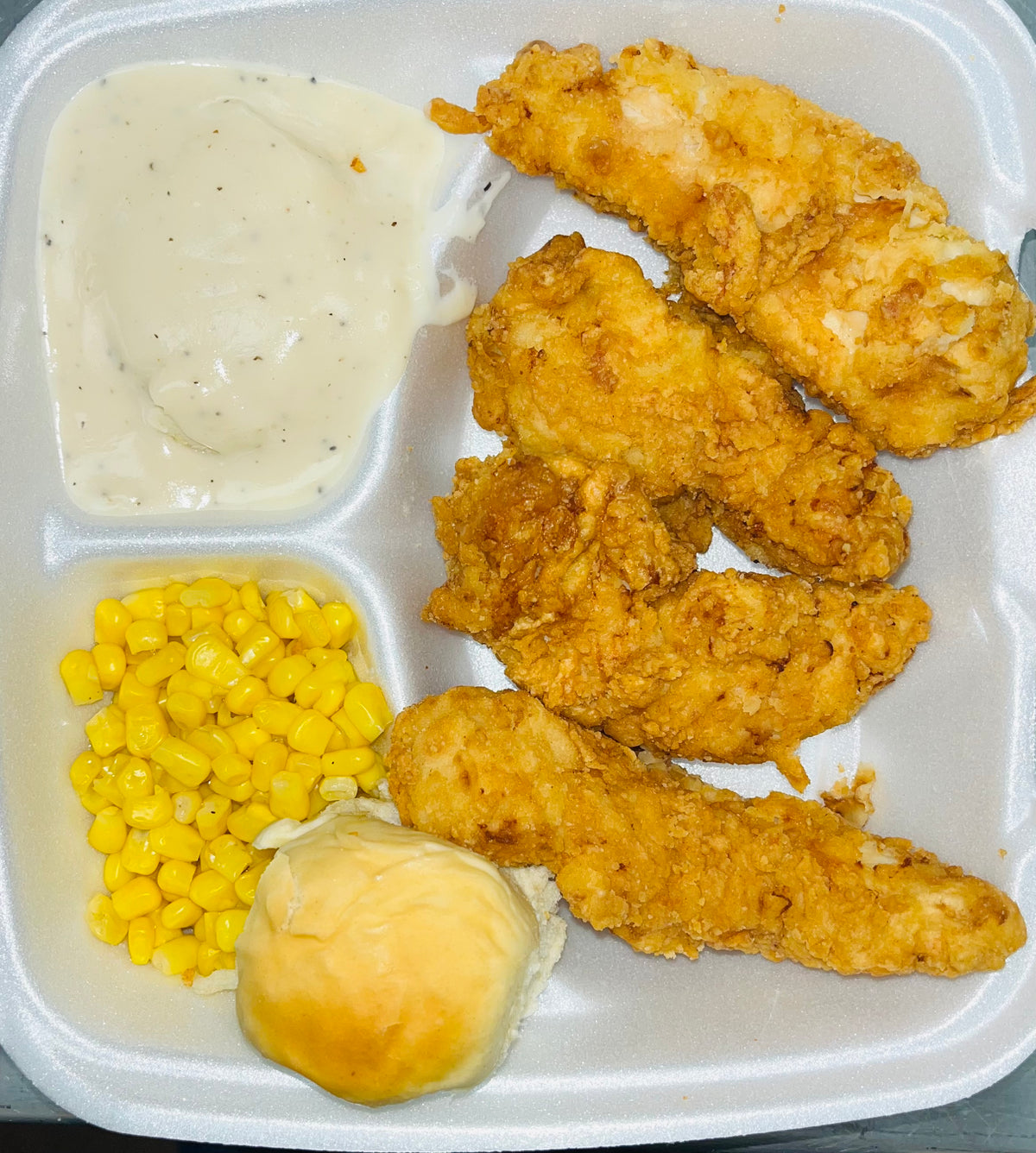 4 piece Chicken Tenders with Mashed Potatoes & Gravy, & a veg. (corn or green beans)