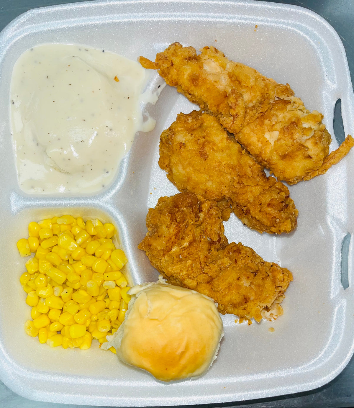 3-piece Chicken Tender w/ Mashed Potatoes & Gravy, and veg. (corn or green beans)